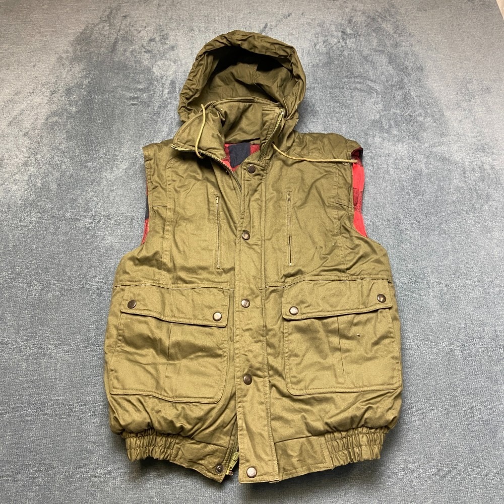 Vintage Hugo Valentino Vest Men Small Olive Green Cotton Hooded Drawstring Snaps
